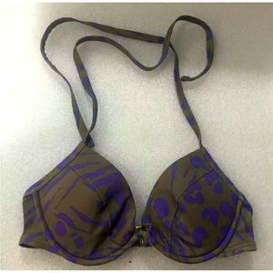 Vtg Victorias Secret Halter Bikini Top 32B  Blue/Gray Floral U/W Padded Plunge